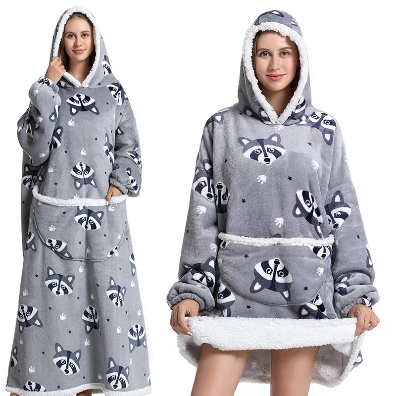 Women Long Sherpa Fleece Hooded Blanket for Adult Warm Cozy Blanket Sweatshirt with Giant Pocket Thick Flannel Wearable Hoodie