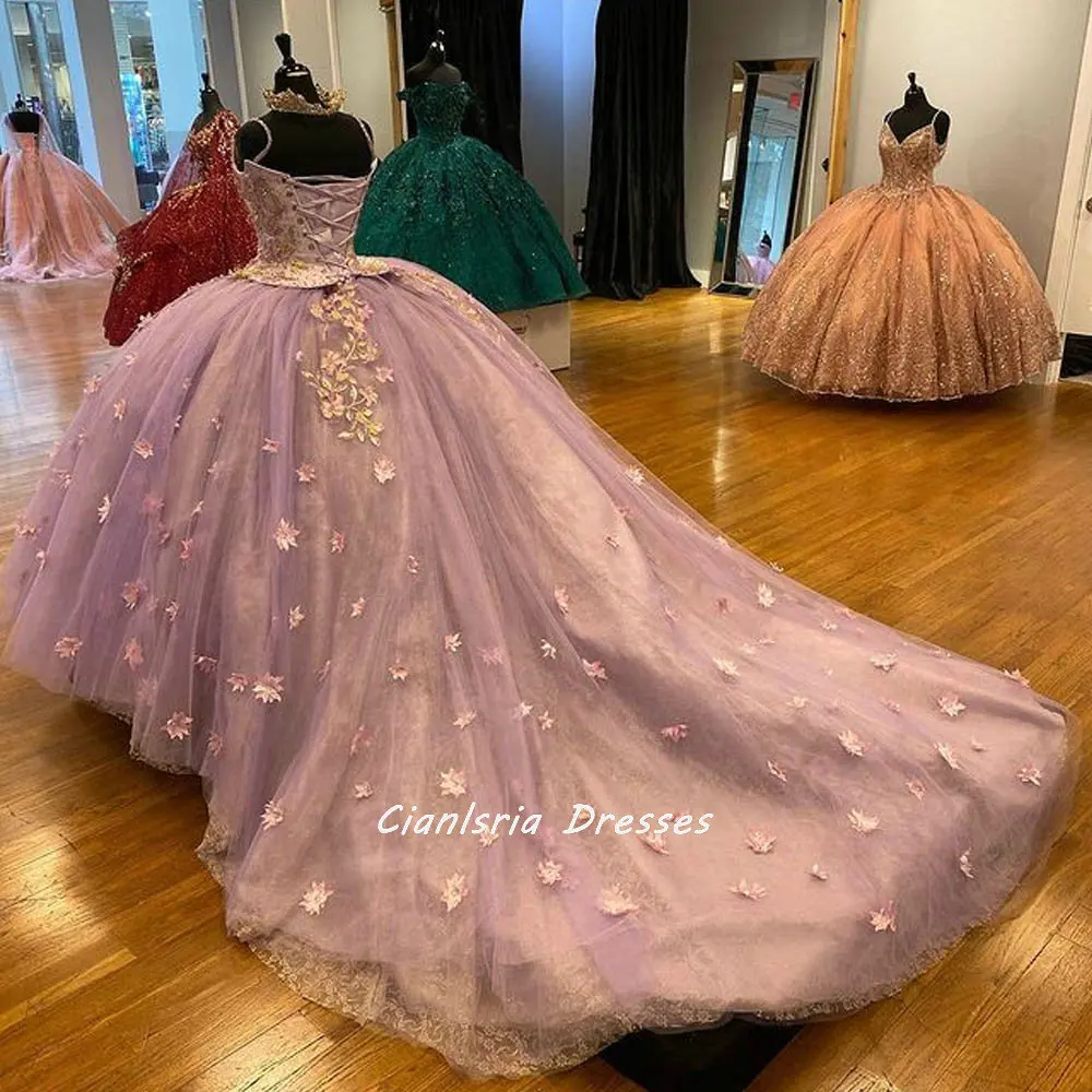 Princesa cintas de espaguete apliques florais rendas vestido de baile quinceanera vestidos sem mangas pérolas baile de formatura vestidos de festa para doce 16