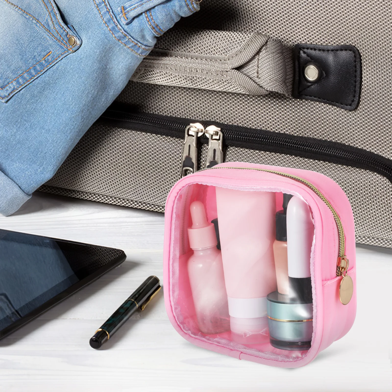 

Mini Makeup Bag Clear Front Zipper Closure Compact Size Travel Toiletry Pouch Cosmetics Bags Women Skincare Bag Storage Solution