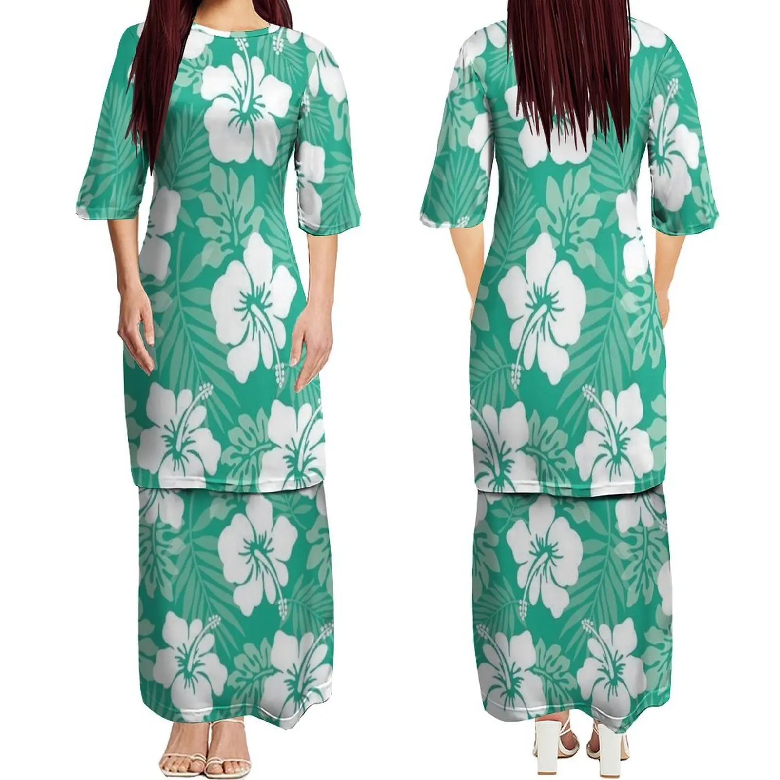 Vestido feminino polinésio, gola redonda, manga média, camada dupla, puletasi, padrão floral personalizado, verão, elegante, vestido emagrecedor