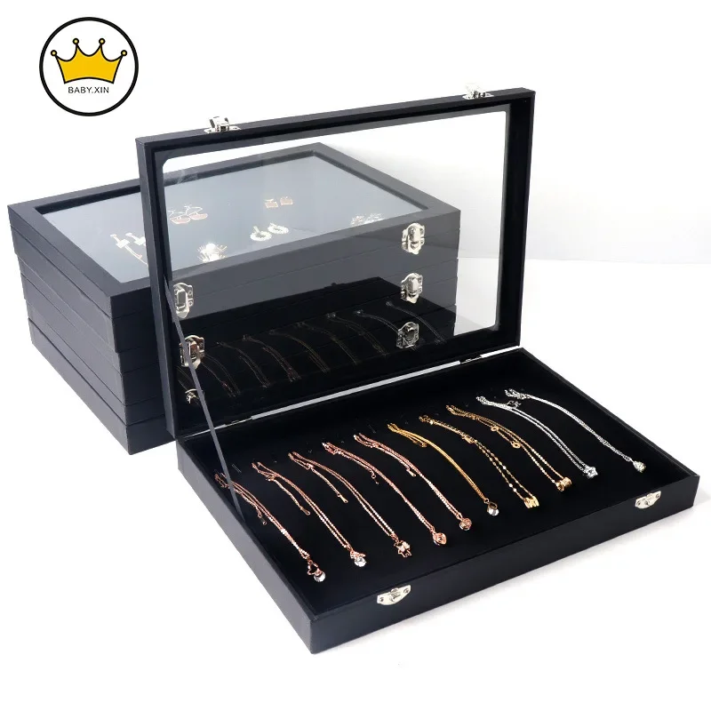 Velvet Jewelry Box with Glass Cover Peant Necklaces Organizer Display Holder Women Jewelry Storage Case