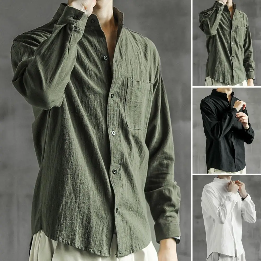 

2024 Men Casual Cotton Linen Shirts Standing Collar Male Solid Color Long Sleeves Loose Tops Spring Autumn Men's Shirts