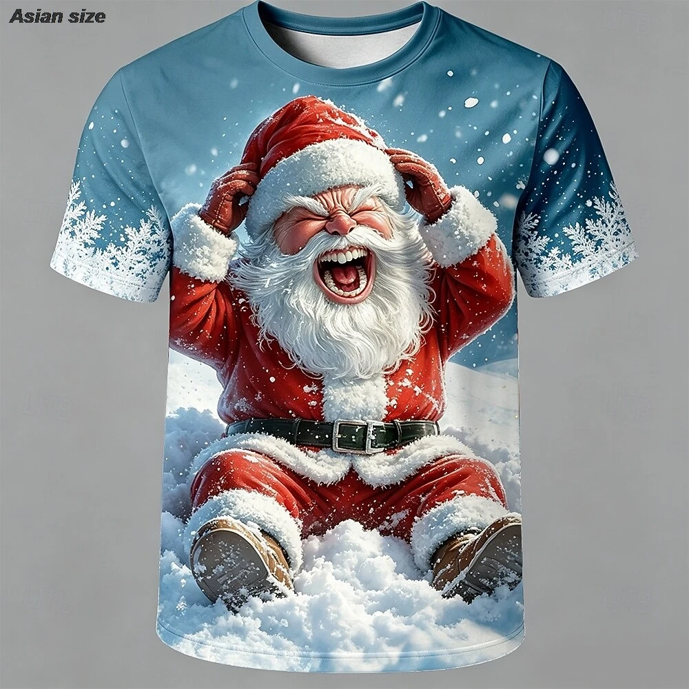 Funny Running Santa Claus 3D Print Men T‑Shirt Crew Neck Short Sleeve Christmas Holiday Tops