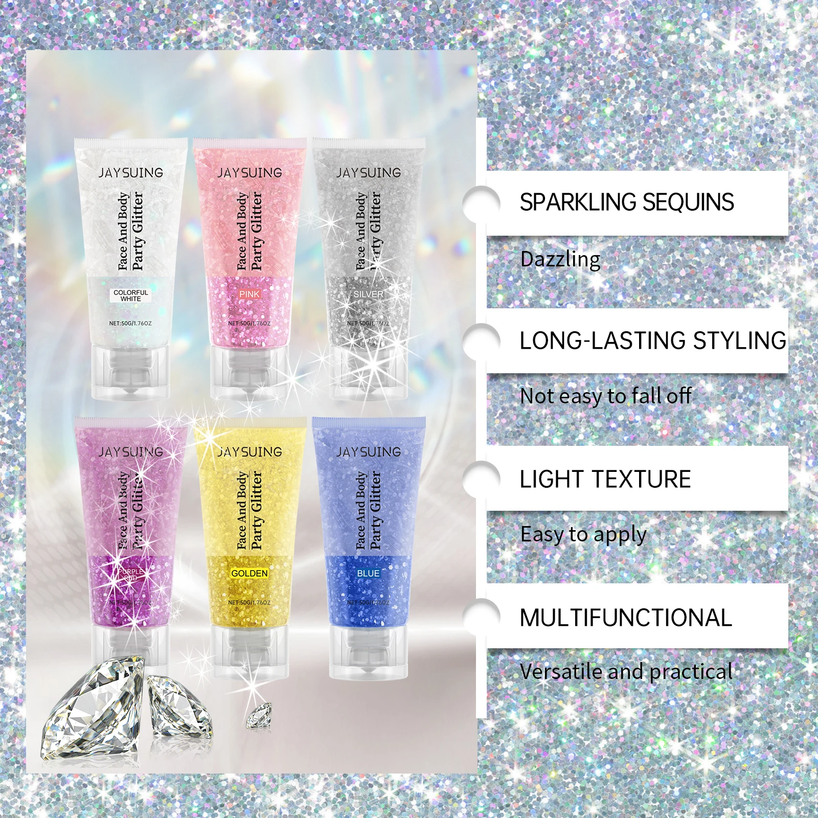 JAYSUING Body Glitter Gel Ombretto Liquido per unghie Capelli Gel con paillettes Impermeabile High Gloss Glitter Sparkling Shine Festival Trucco