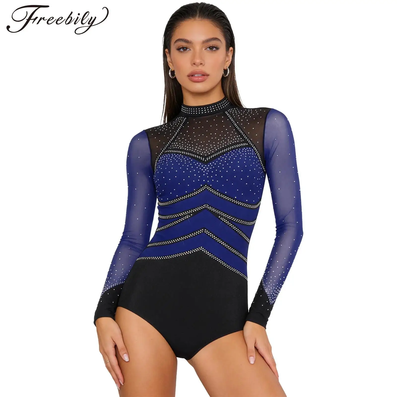 Maillot de Gimnasia para Mujer, Traje de Danza para Competencia, Actuación, Manga Larga, con Pedrería, Traje de Ballet