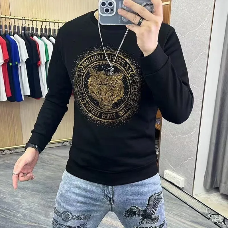 

Men's Clothing Spring and Autumn high quality Tiger Head Hot Drilling Printed Sweatshirts Handsome Fashionable Brand Sweatshirt