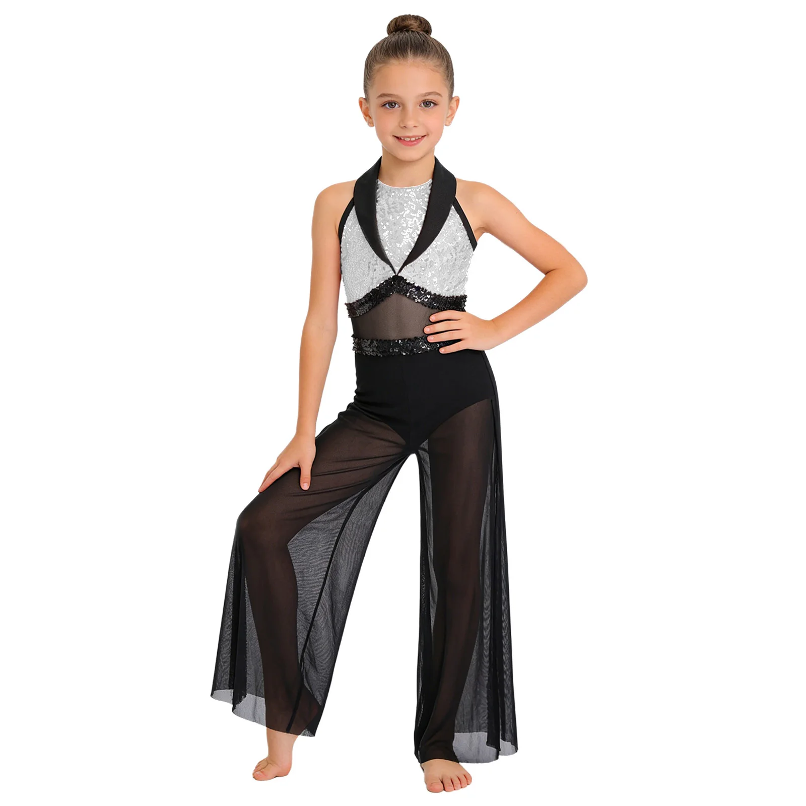 Macacão de Dança Lírica para Meninas com Recortes, Lantejoulas e Malha Brilhante, Modelo Wide-leg para Apresentações Modernas e Competições