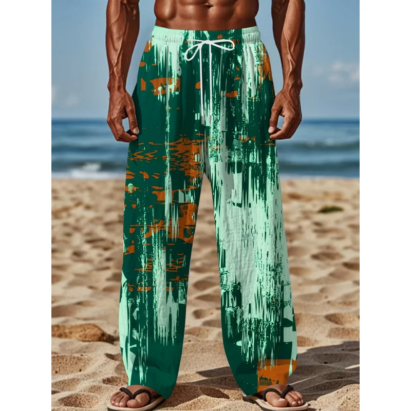 Pantalon rétro ample à jambes droites pour hommes, avec imprimé abstrait, décontracté, avec cordon de serrage, parfait pour les activités de plein air d'été, 2025