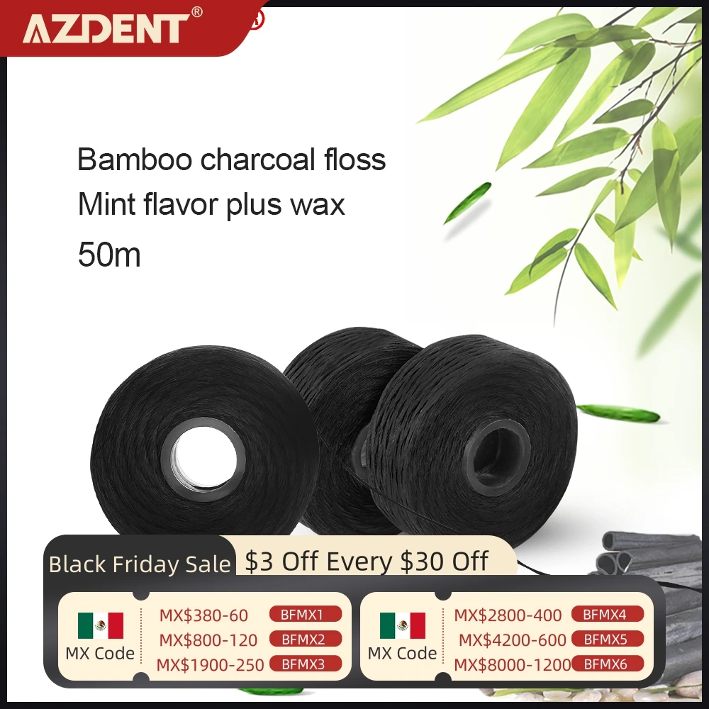 AZDENT 50 Rolls Bamboo Charcoal Dental Flosser 50M Wax Mint Interdental Brush Nylon Built-in Spool Advanced Toothpicks