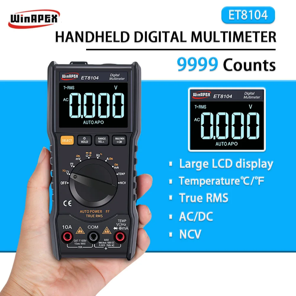 WINAPEX ET8104 Handheld 9999 Counts Digital Multimeter AC/DC 750V/1000V NCV LCD Display Multimeter For Home Appliance Repair