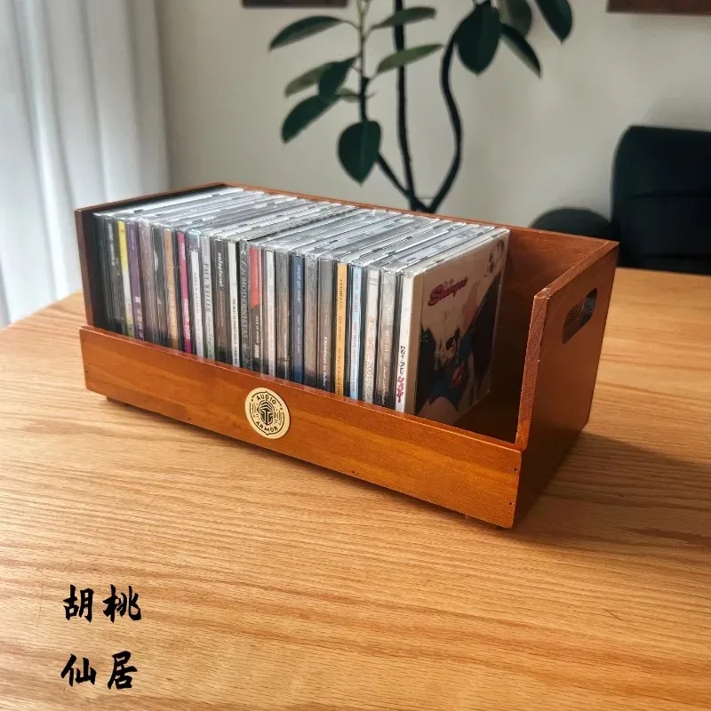 Solid Wood CD Holder Desk Organizer Large Capacity DVD Storage Box Walnut Display Case Home Music Album Collection Rack