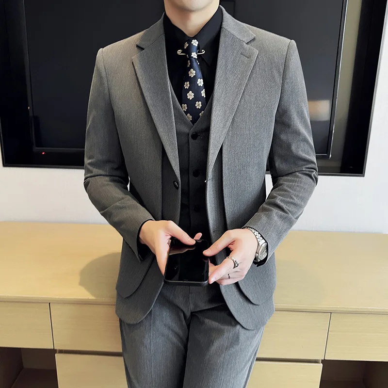 

British Style Fake Two-piece Suit Set Men's Wedding Groom Dress 3 Piece Set Suit Vest Trousers Slim Office Business Casual Suits