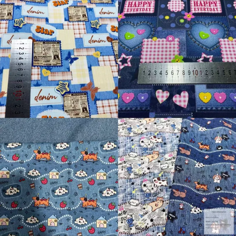 

Vintage Denim Look Cute Cat Dog Print Canvas Fabric, 8oz Washed Jean Style DIY Material for Bags, Apros,Home Decorns,Home Decor