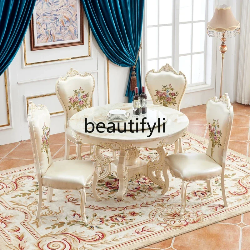 

FG28Style Round Solid Wood Dining Table and Chairs with Marble Turntable, Premium American Style Round Table for Home Use