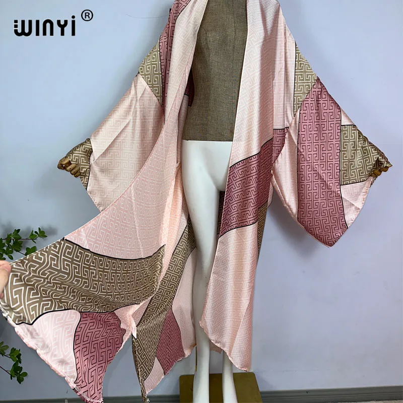 WINYI Africa Classic pattern print sweet lady beach Bohemian long Cardigan Cover-up stitch Casual Boho Maxi Holiday party kimono