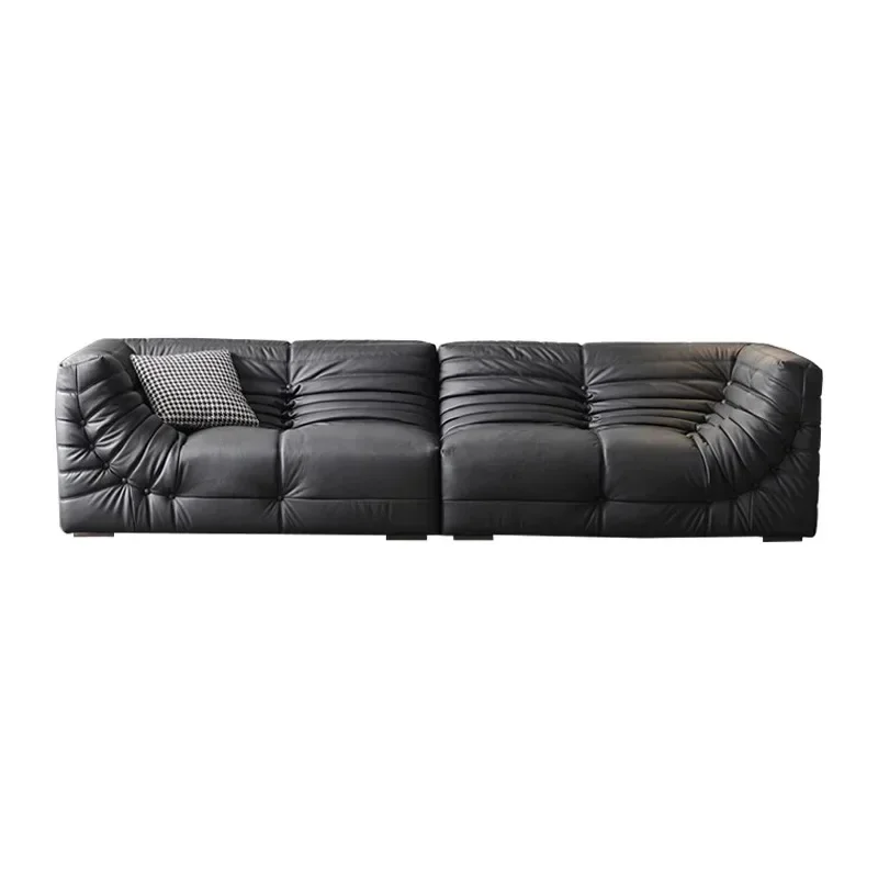 Three-person black leather sofa first layer cowhide