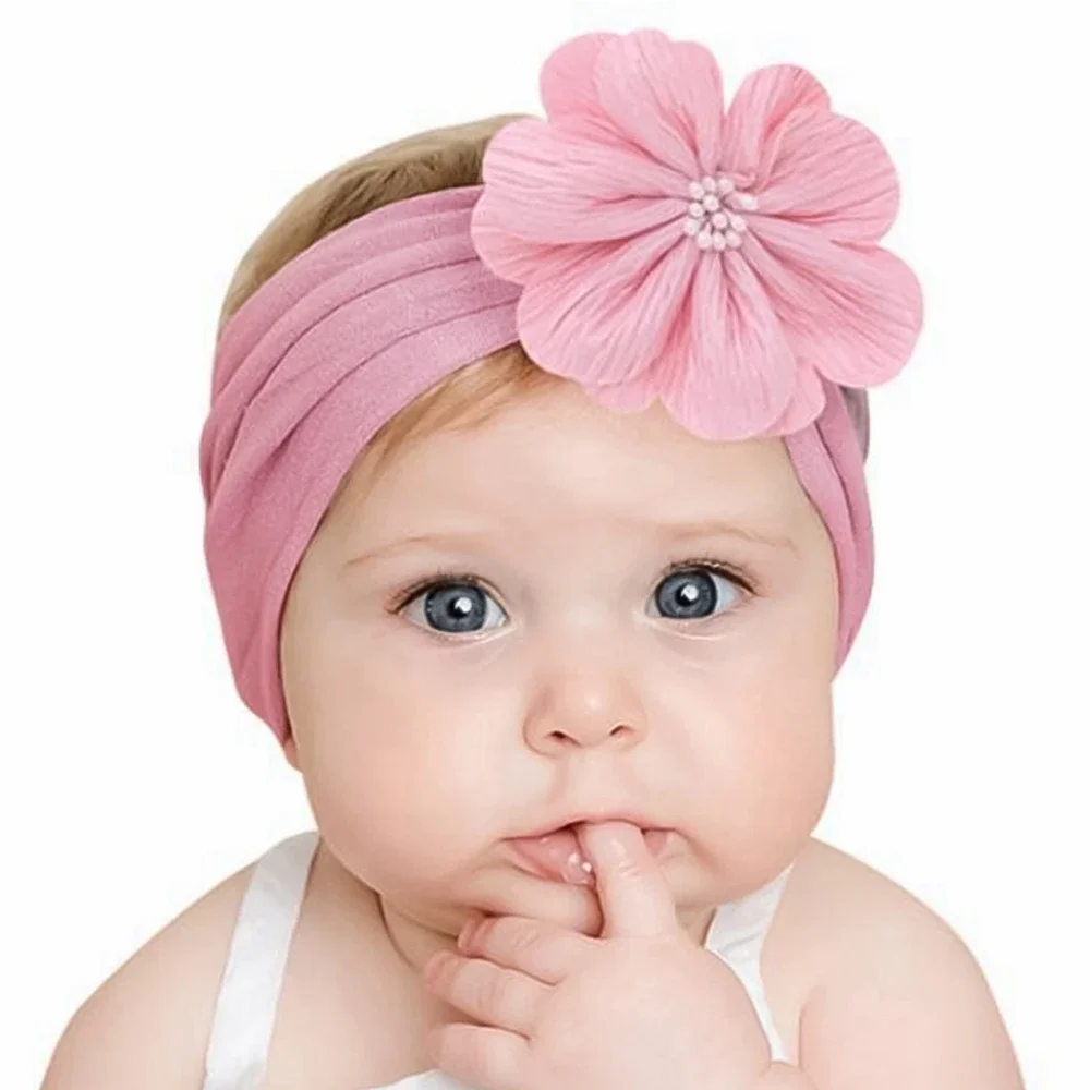 1PCS Fashion Baby Girls Flower with Stamen Nylon Headband Handmade Elastic Newborn Toddler Turban Headwraps Hair Accessories