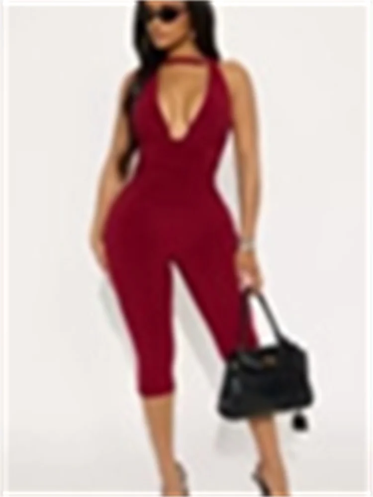 

Nibber Fashion Playsuit Women Sexy Backless Deep V-Neck Lace-Up Ribbon Sleeveless Elegant Stretch Chic Skinny Street Clubwear