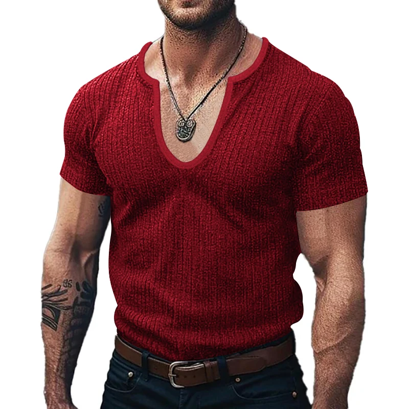 European and American men\'s trendy spring/summer deep V-neck men\'s new solid color short sleeved knitted T-shirt