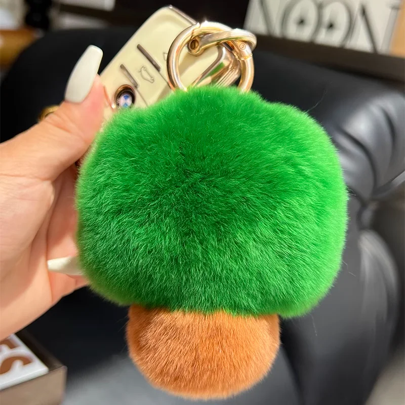 Porte-clés de voiture en vraie fourrure de lapin, petit arbre mignon, boule en peluche verte, poupée, sac à dos, pendentif de sac