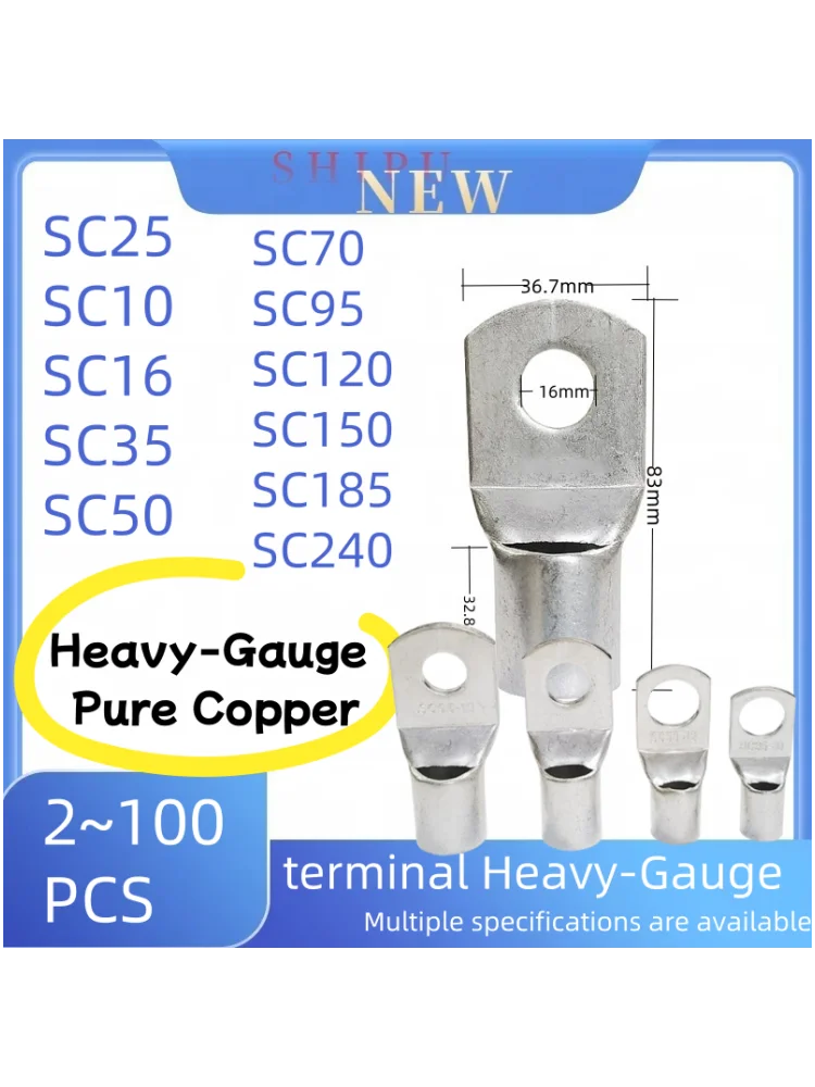 Fil de Type SC 25 SC10 SC16 SC35 SC50 SC70 SC95 SC120/150/180/240, terminal en cuivre pur de calibre lourd, connecteur de fil à sertir, 2 à 100 pièces