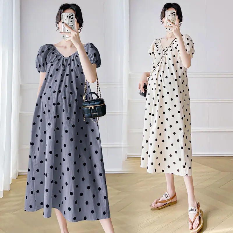 

Summer Korean Style Polka Dot V-neck Pregnant Woman Man Made Silk Dress Short Sleeved Maternity Loose Dress Plus Size Clothes