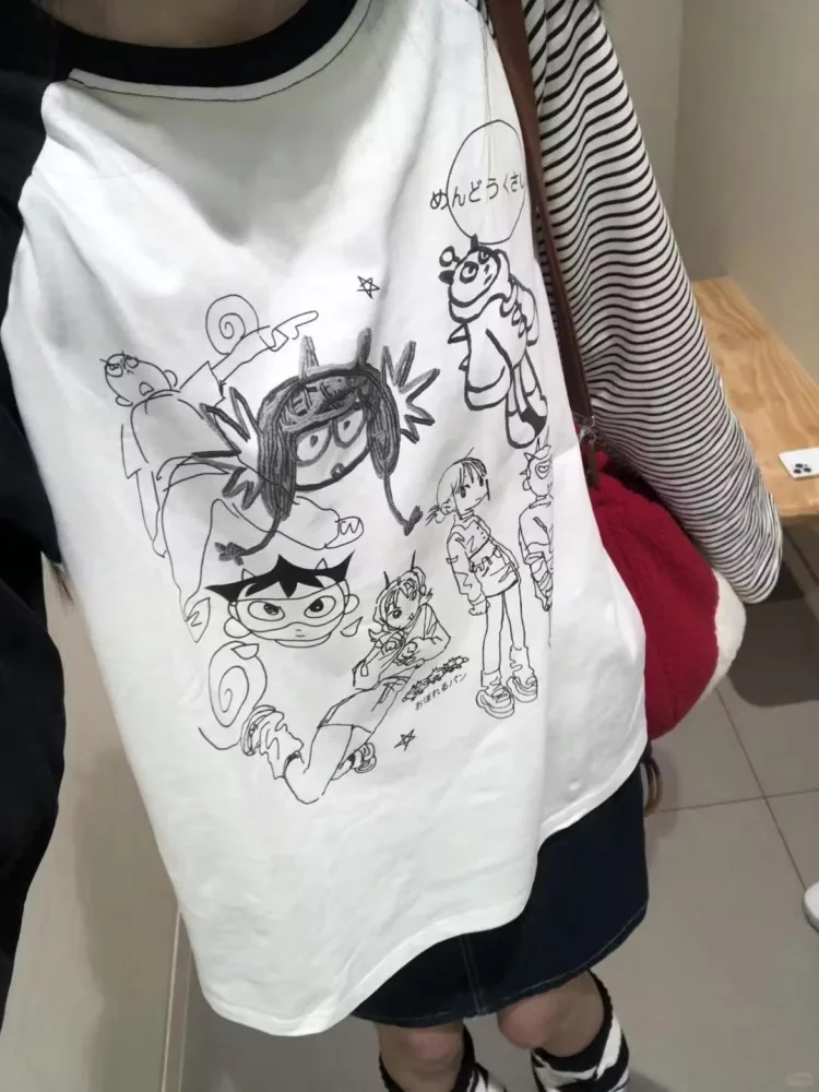 Harajuku Subculture Cartoon Print Striped Patchwork Long Sleeve T-Shirt Women Clothing Tops Streetwear Grunge Y2k Aesthetic Tees