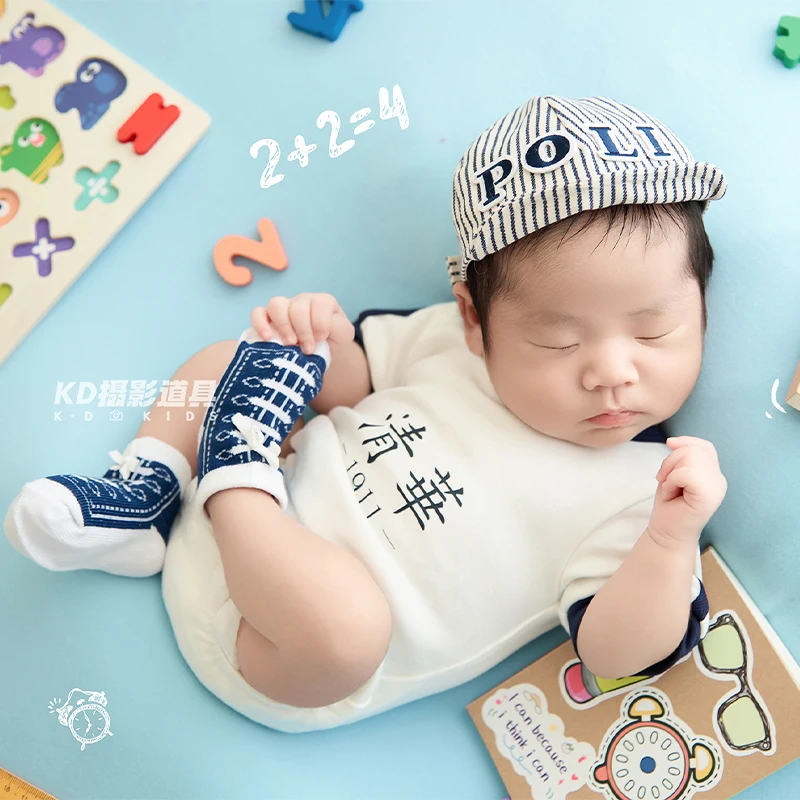 

Little Student Newborn Photography Outfit Baby Boy Hat Socks Giant Pencil Props for 0-1 Month Baby Studio Full Moon Photoshoot