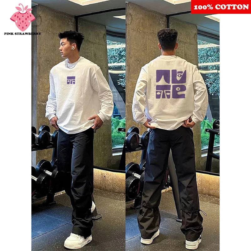 

American Symbol Print T-shirt Men Autumn 2025 New 100% Cotton Oversize White Long sleeves Loose Casual Tee Y2k Top Man clothing