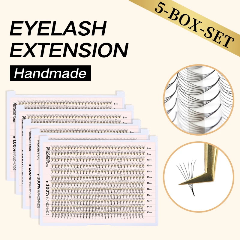 

5-box Pointy Base Premade Fans Mega Tray Russian Volume Promade Fans Mixed Lengths 3D to 16D C D Curl Eyelash Extensions