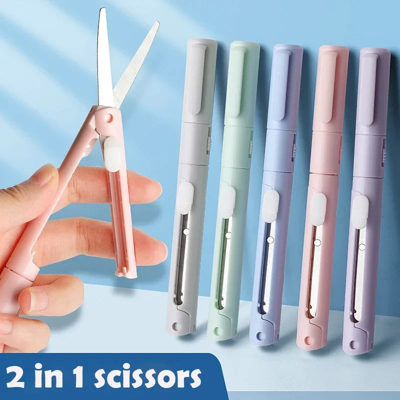 Mocaron Foldable Scissors with Pen Knife 2 in 1 Paper Cutter Utility Knife DIY Art Crafts Cutting Tools Kawaii Stationery Office