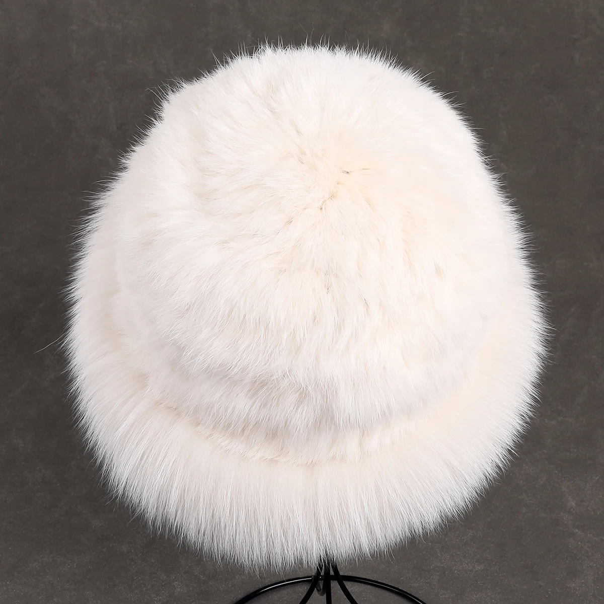 Luxury Women's Winter Hat Knitted Rabbit Fur Hats with Big Fox Fur Brim Lady Fashion Bucket Cap