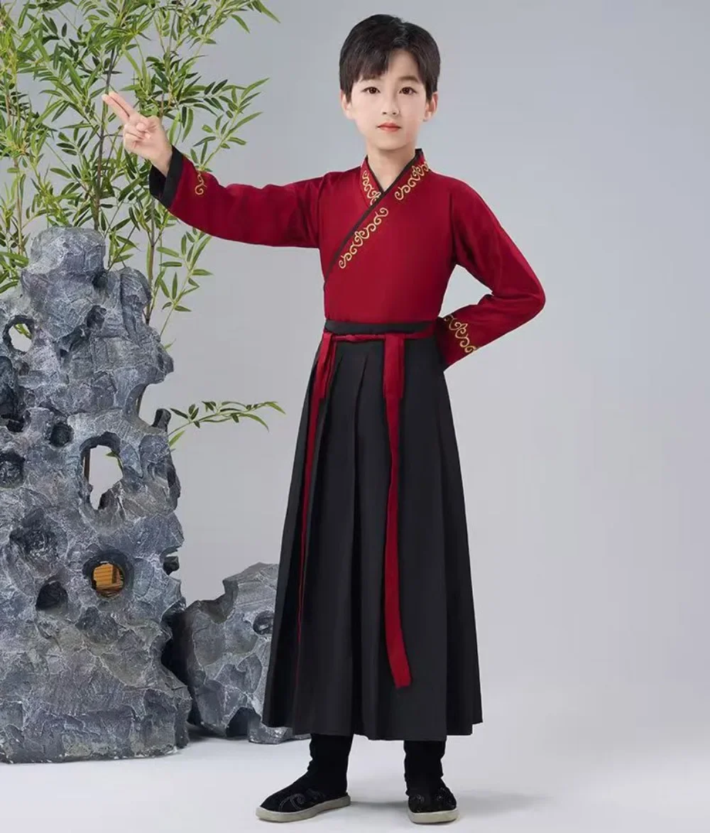 Kids Red and Black Hanfu Vintage Carnival Costume Dress Performance Outfit Ancient Chinese Traditional Clothes for Boy and Girl
