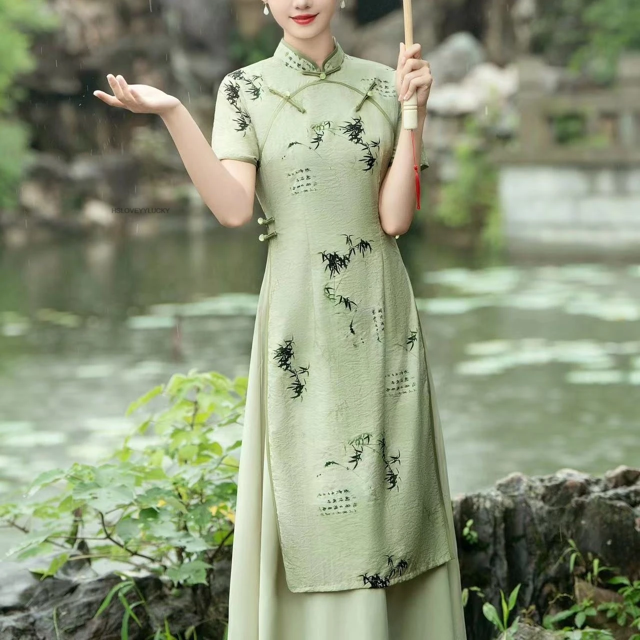 Gaun wanita, Gaun gadis muda harian Retro baru motif bunga musim panas hijau Tiongkok elegan Ao Dai Wanita tradisional Vietnam