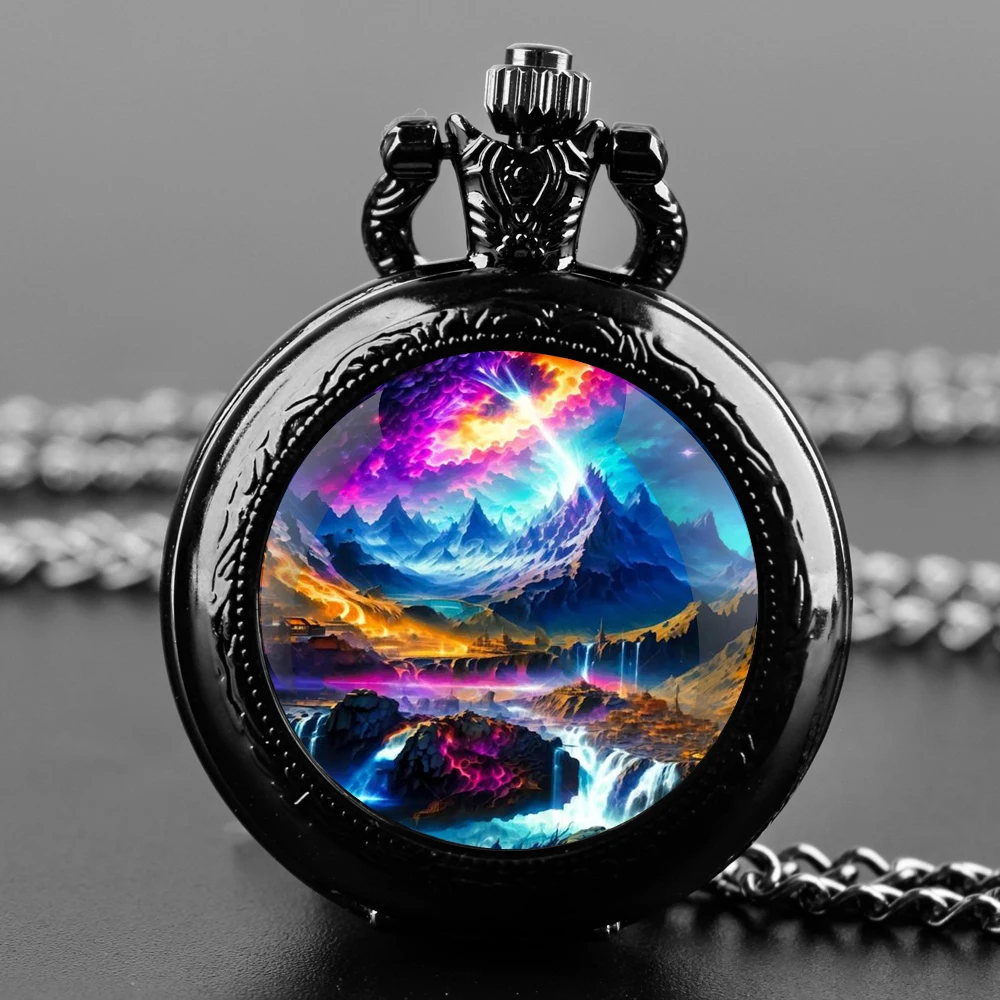 Orologio da tasca al quarzo nero con cupola in vetro Aurora World con quadrante con numeri arabi e catena resistente, regalo per uomini e donne