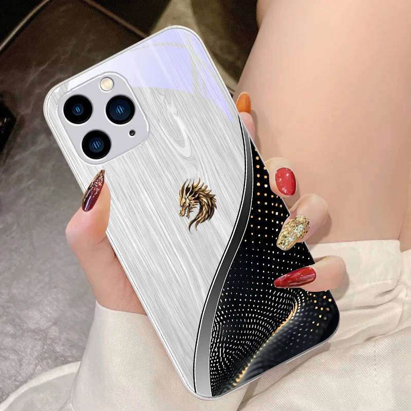 Wooden Patterned Dragon For IPhone 15 Pro 14 13 12 Mini 11 XS Max XR 7 8 Plu SE 2020 2022 Tempered Glass Phone Case