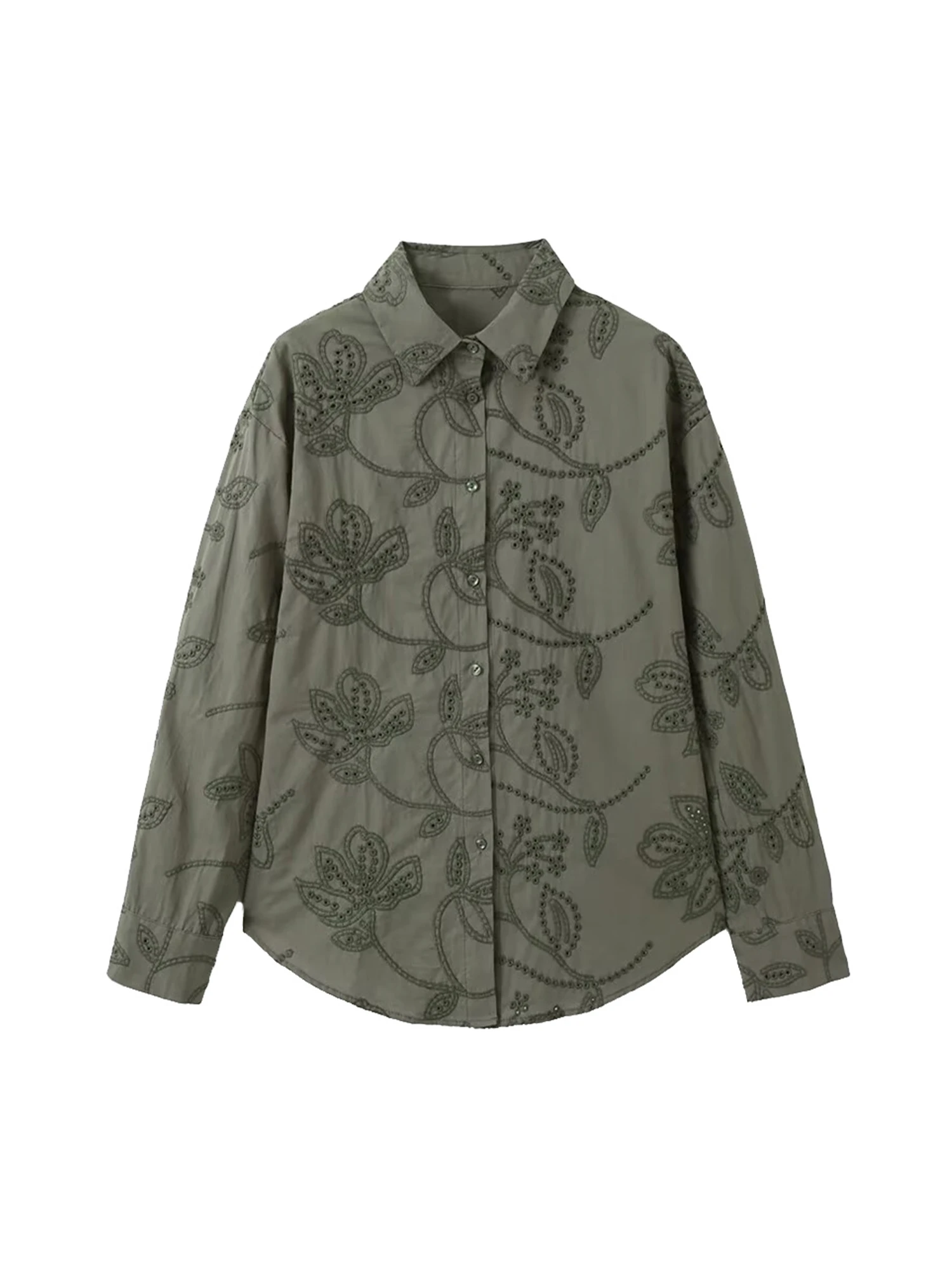 

Женские армейские зеленые рубашки, блузки Y2k, винтажная элегантная рубашка-поло 2000-х годов с длинными рукавами и вышивкой, модная одежда, осень 2025 г.