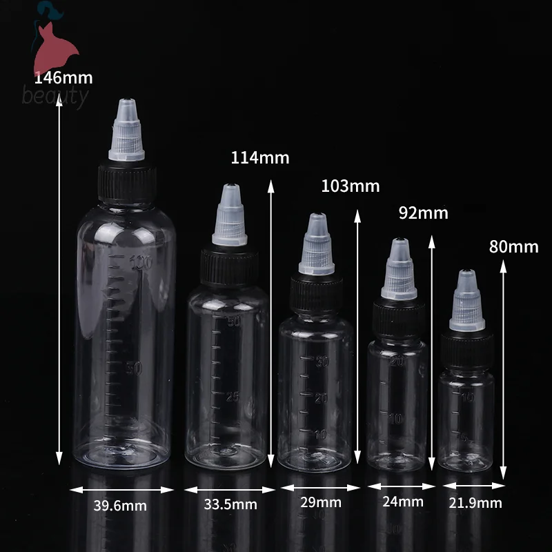 10/20/30/50/100ml Empty Hair Dye Bottle Twist Top Cap Refillable Squeeze Container With Graduated Scale For Tattoo Pigment Ink