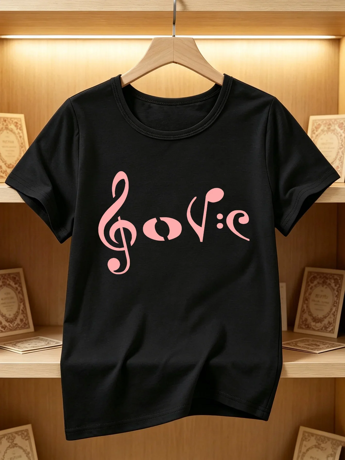 Cute Treble Clef Love Shaped Musical Notes Pattern Kids Short Sleeve T Shirt Casual Round Neck Summer Outfit For Boys And Girls