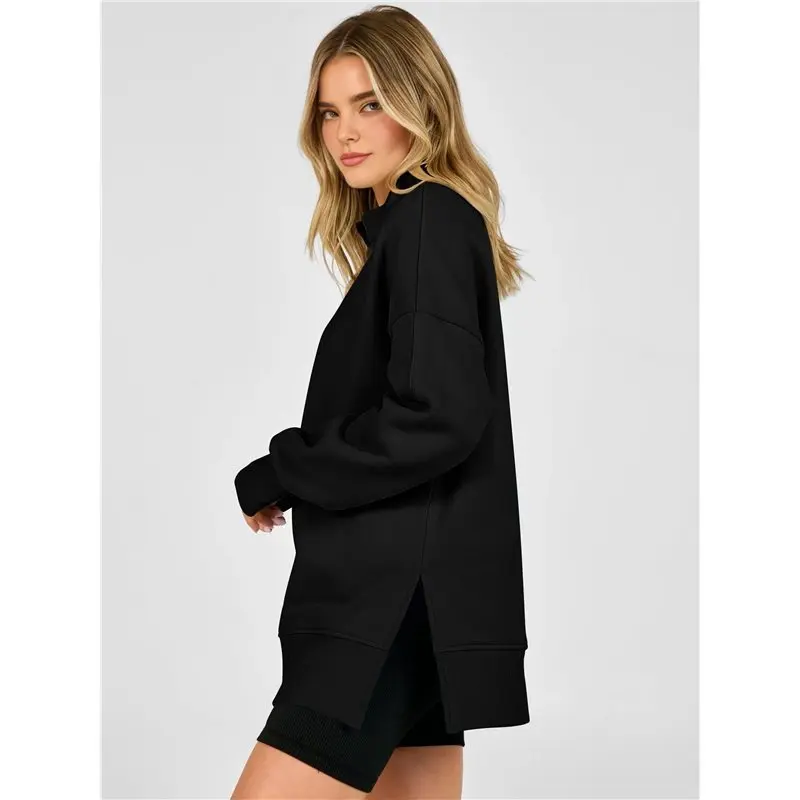 Women's Half Zip Collared Oversized Side Slit Long Sleeve Sweatshirt Black S Eco-Friendly