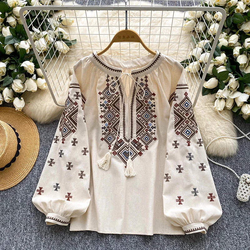 

Artistic retro heavy industry embroidery lace up round neck lantern sleeve shirt women's spring loose casual versatile top