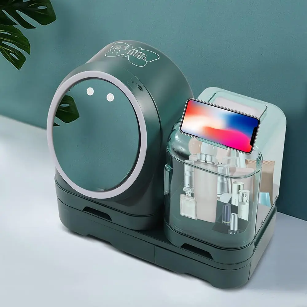 

Makeup Storage Organizer With Led Mirror And Makeup Fan, Makeup Organizer With 4 Drawers And Lid, 360° Rotating, 3 Color