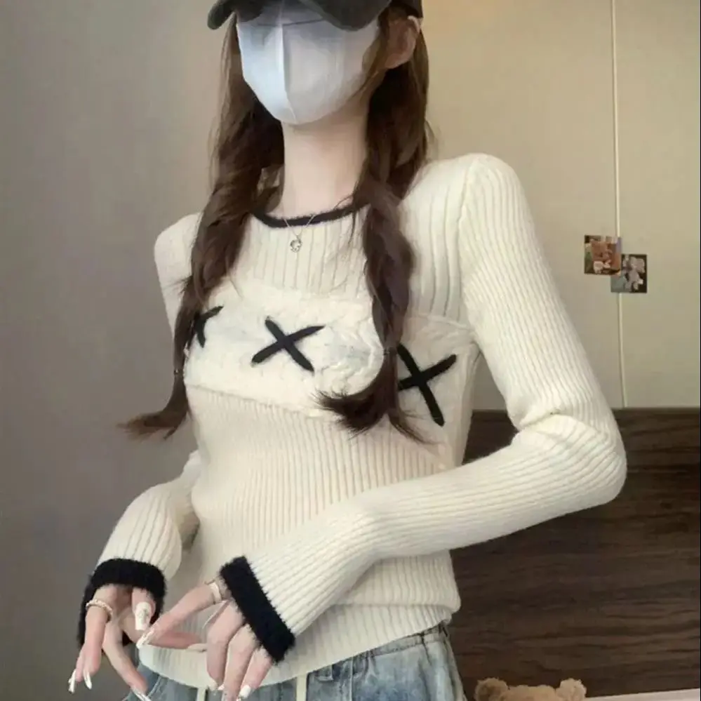 Knitted Sweater Base Layer Women 2024 New Autumn Design Western Style Unique Unique Versatile Design Niche Tops