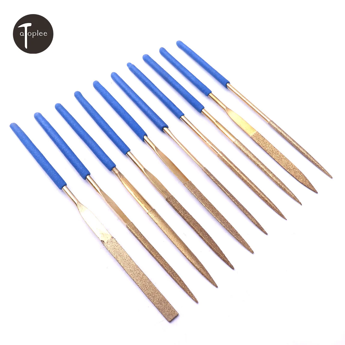 

10pcs Titanium Coated Diamond Files Set 3x140mm Soft Rubber Handles Variety Shapes Diamond Needle Files for Metal Glass Ceramics