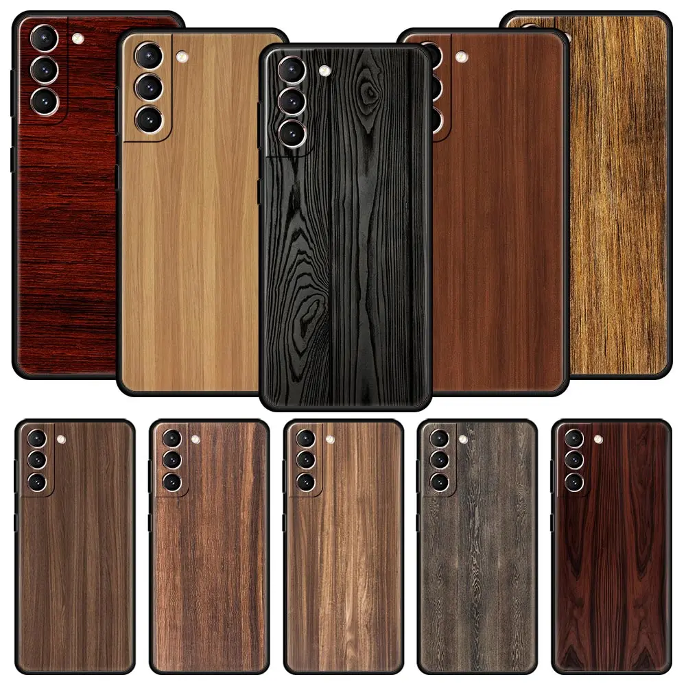 Carved Wood Case For Samsung Galaxy S22 S21 S20 Ultra FE 5G S24 S9 S10 Plus S23 S10E Silicone Phone Cover Shell Black