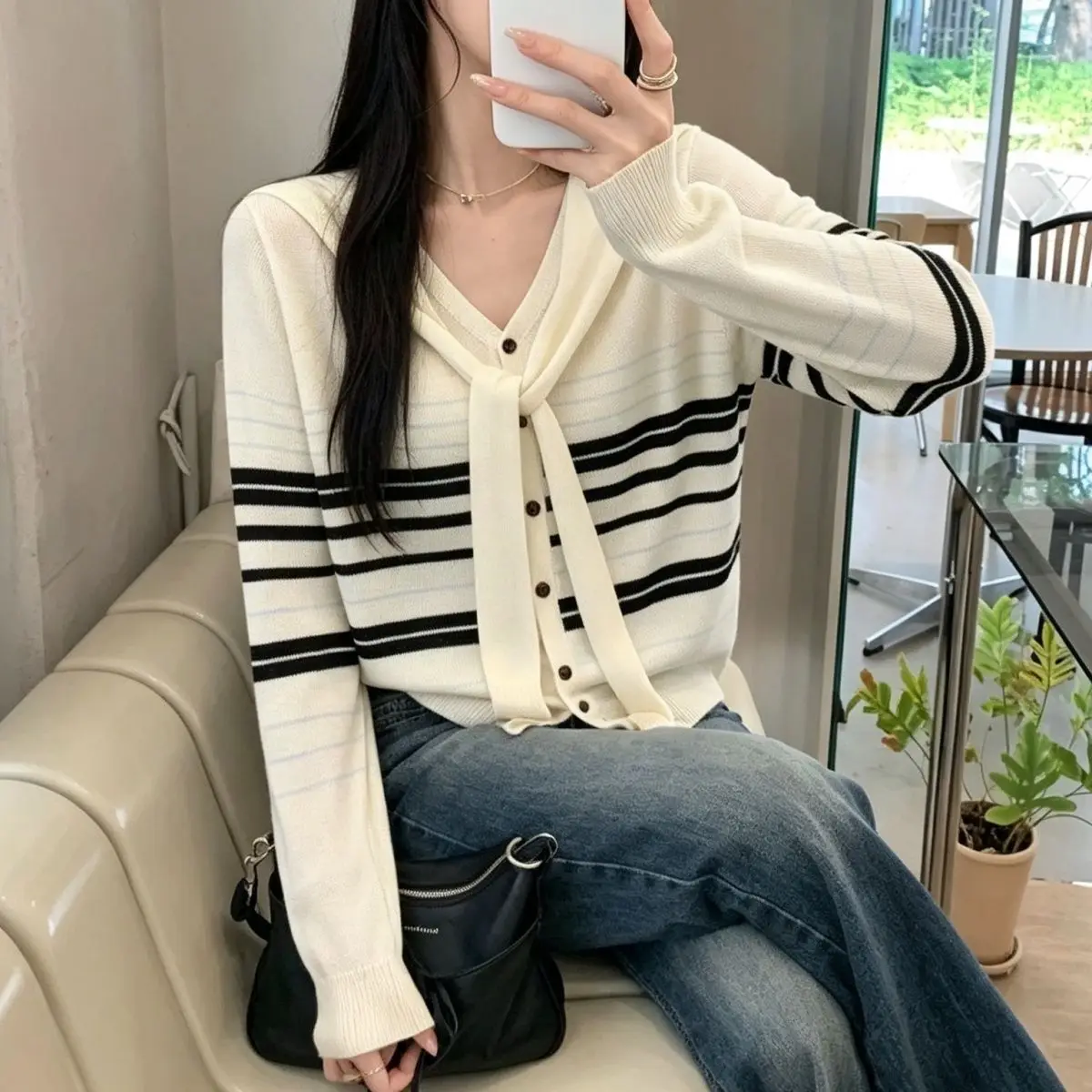 Autumn New Ins Design Shawl Fake Two-piece Striped Long-sleeved Knitted Cardigan