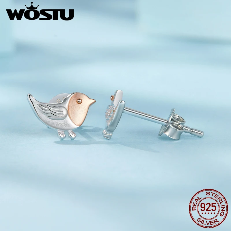 WOSTU 925 فضة صغيرة روبن الطيور وأقراط للنساء نغمتين s925 الفضة ارتفع الذهب Minin الحيوان ترصيع القرط