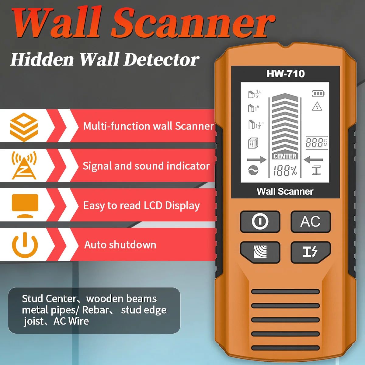 6 in 1 Digital Wall Scanner Detector Deep Find Stud Wood Metal AC Wire Live Cable Detector Stud Finder Sensor with LCD Display