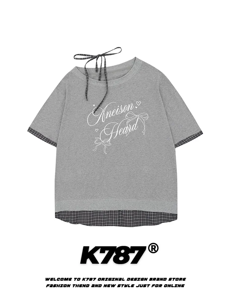 

K787 American Retro Plaid ort Sve T-irt Women's oulder Baring Loose Fit Cotton Summer Cool Feeling round Ne Top