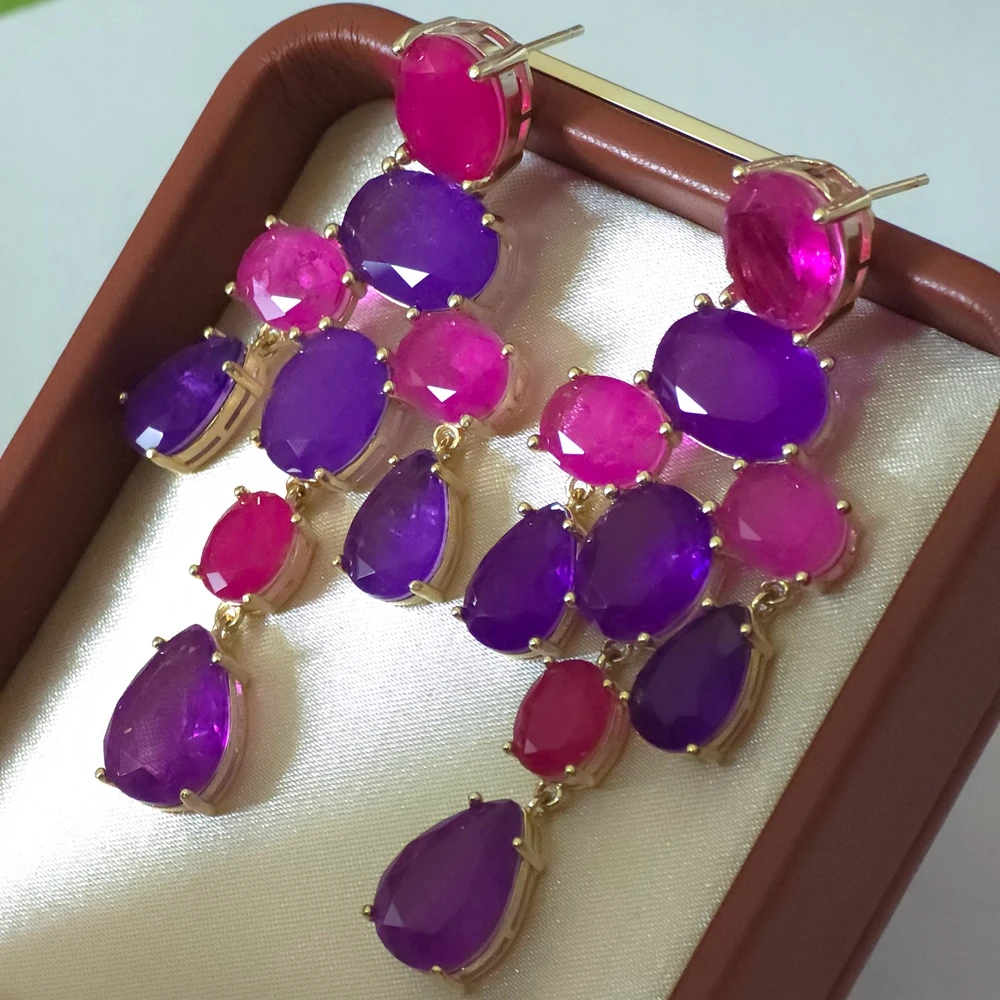 KQDANCE Big Pear Cut Rose Pink Purple Purple Amethyst Stone Long Water Drop Dangle Earrings Gold Plated Party Jewelry Wholesale
